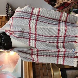 St. Michael Vintage Wool Scarf Made In Scotland Grey Cream Red Plaid Fringe